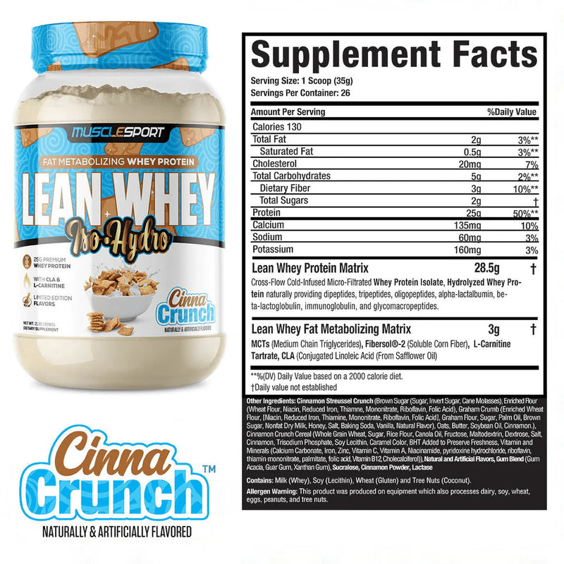 Muscletech Lean Whey Pro Hydro Cinna Crunch protein powder container with supplement facts label.
