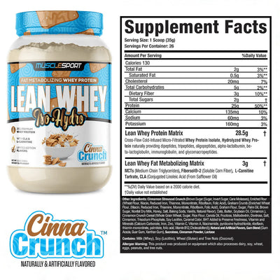 Muscletech Lean Whey Pro Hydro Cinna Crunch protein powder container with supplement facts label.