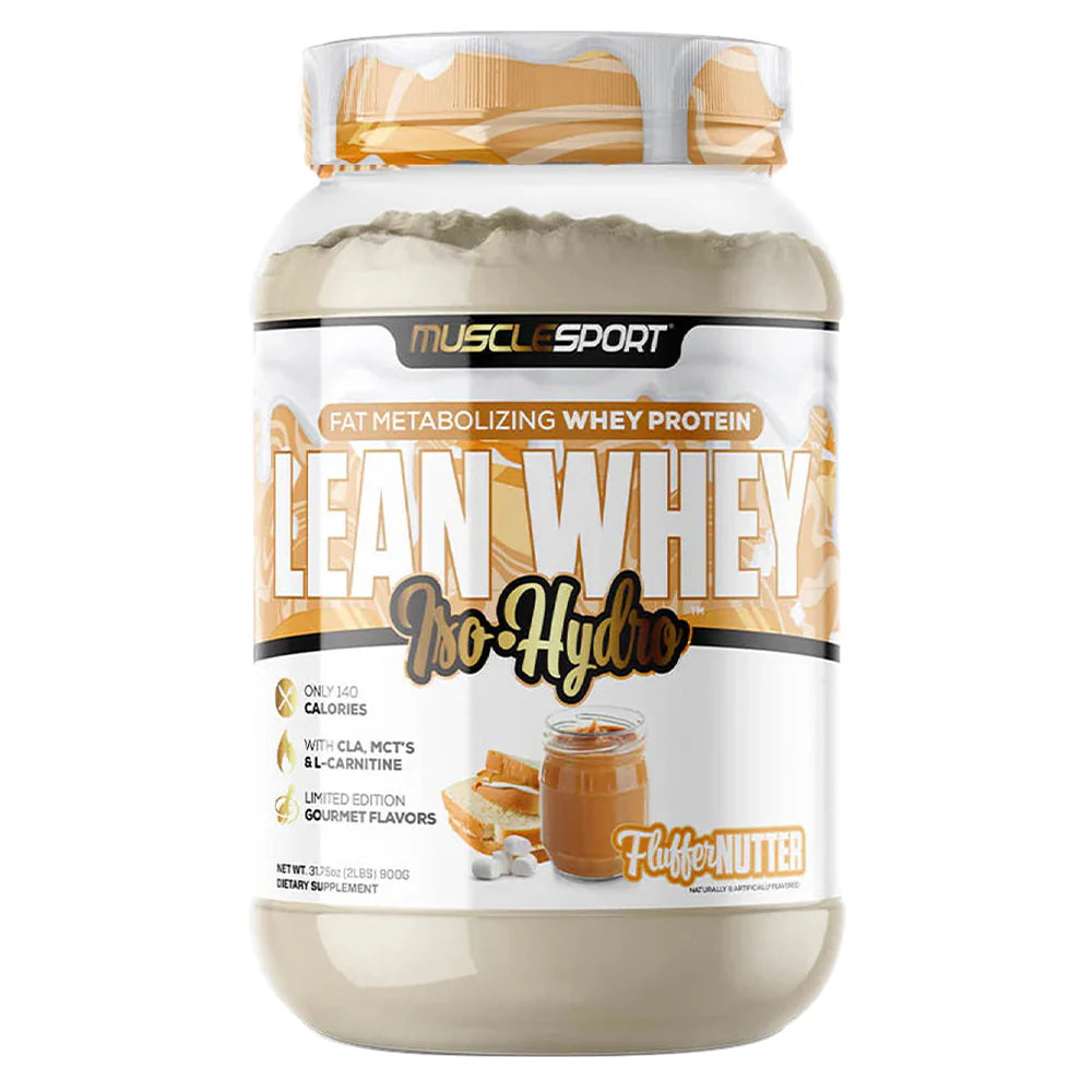 Container of Muscle Sport Lean Whey Protein powder Fluffer Nutter Flavor with a white background