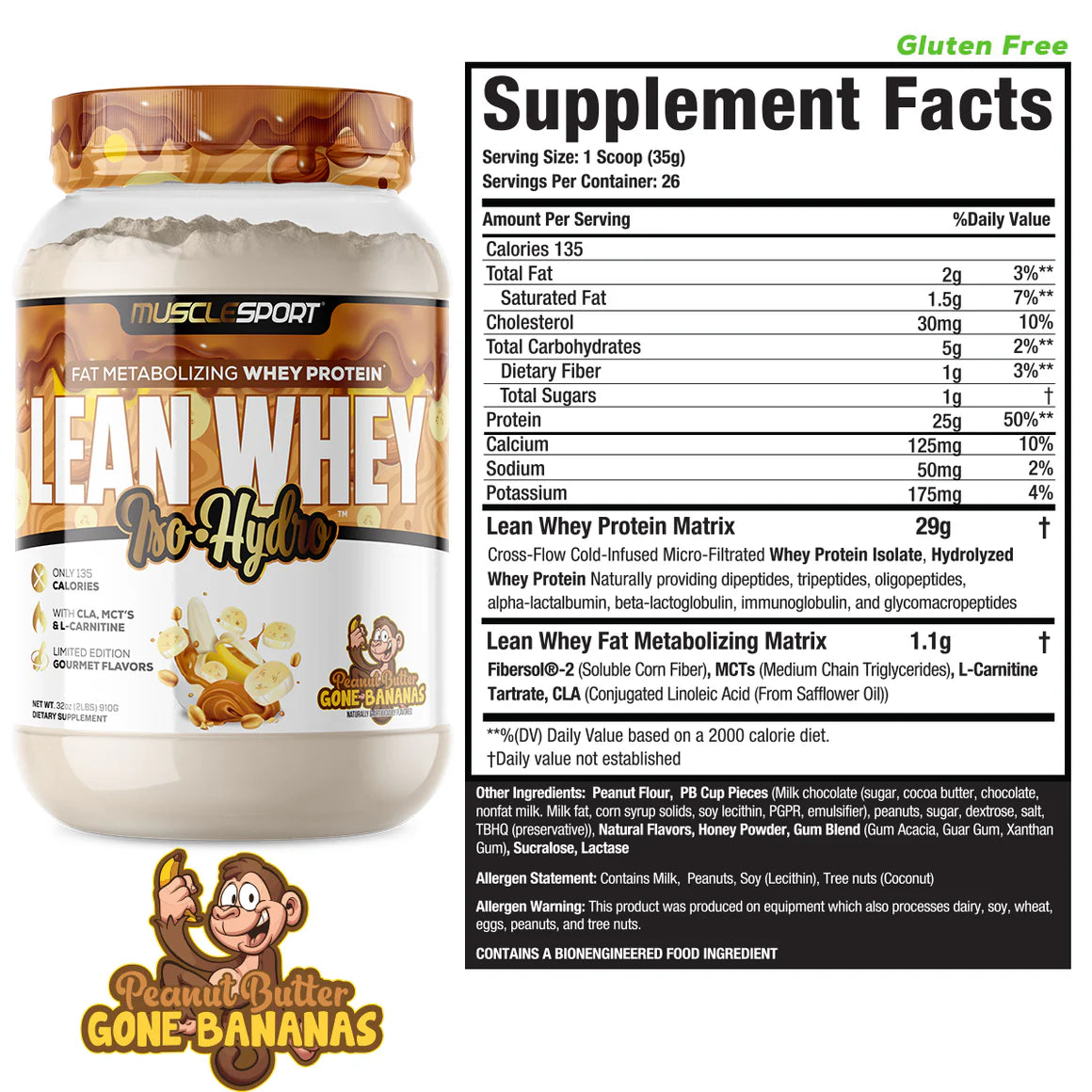 Muscle Sport Lean Whey Pro-Hydra supplement container with label and 'Peanut Butter Gone Bananas' flavor text.