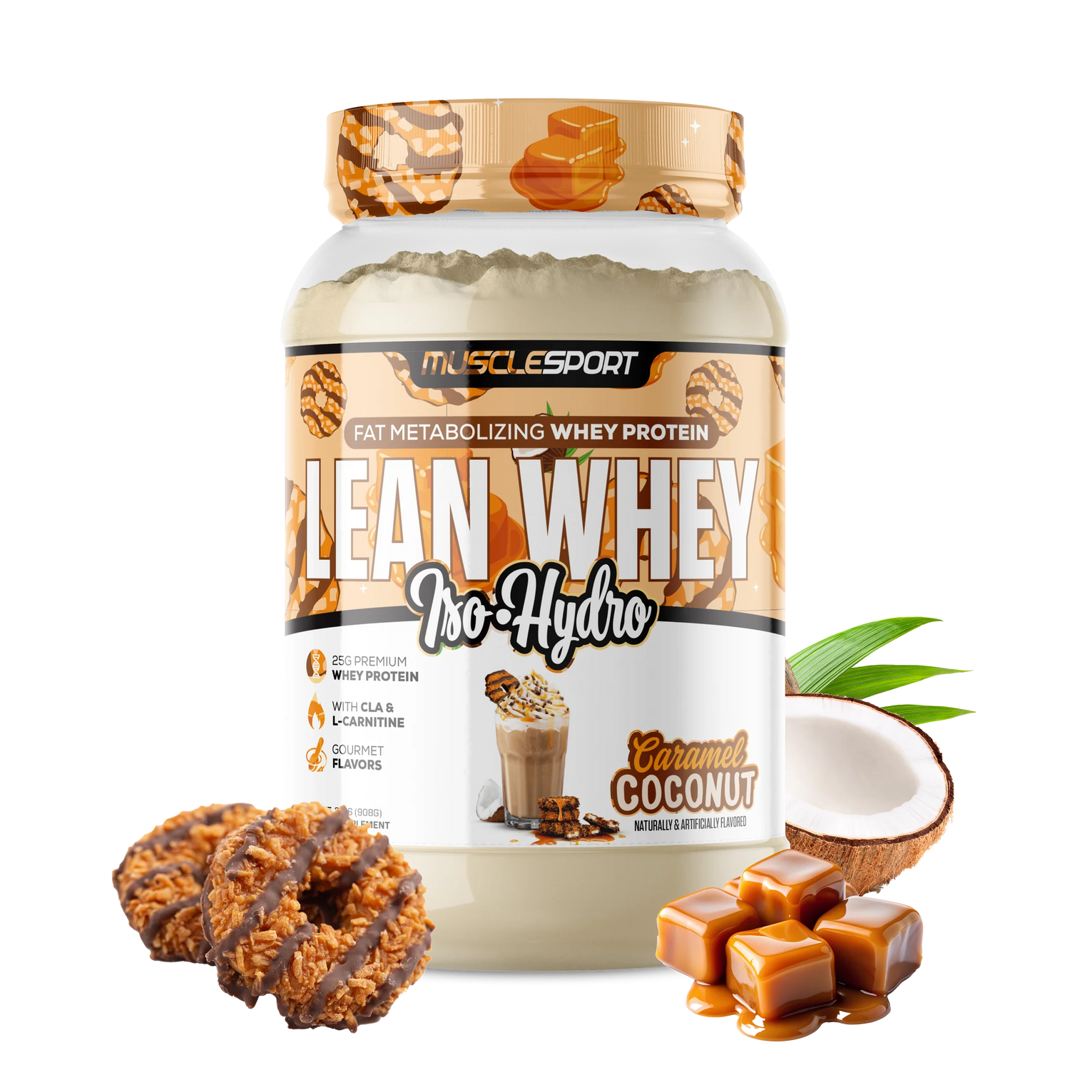 MuscleSport Lean Whey Iso-Hydro Caramel Coconut protein powder container with caramel candies and a coconut on a white background.