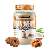 MuscleSport Lean Whey Iso-Hydro Caramel Coconut protein powder container with caramel candies and a coconut on a white background.