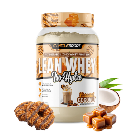 MuscleSport Lean Whey Iso-Hydro Caramel Coconut protein powder container with caramel candies and a coconut on a white background.