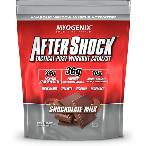 Myogenix AfterShock supplement package in shockocolate milk flavor on a white background
