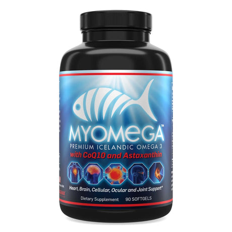 MyOmega Omega 3 dietary supplement bottle with blue label and black cap on a white background