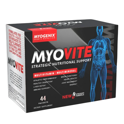 Myogenix Myovite supplement packaging with a human body illustration on a black background