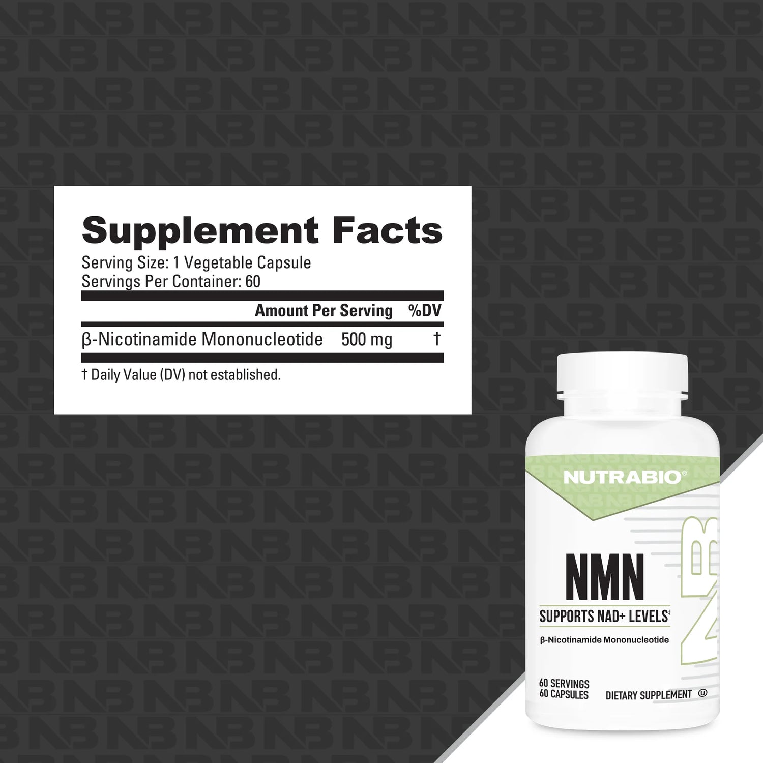 Supplement bottle with NutraBio label on a black background with brand logo.