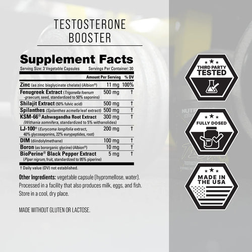 Supplement label for a testosterone booster with ingredients and facts on a gray background