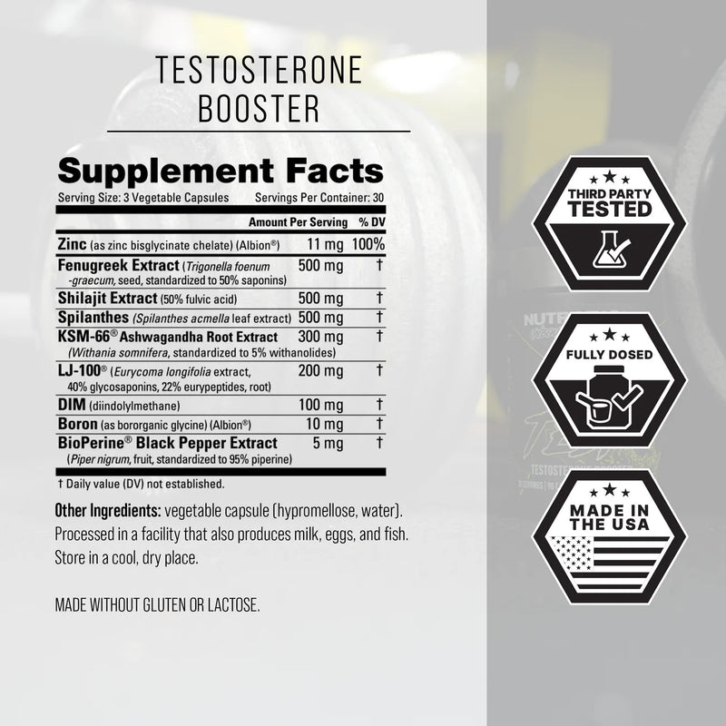 Supplement label for a testosterone booster with ingredients and facts on a gray background