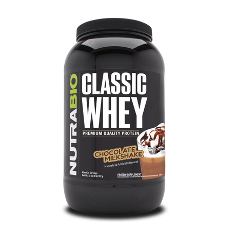 NutraBio Classic Whey protein powder container in chocolate milkshake flavor.