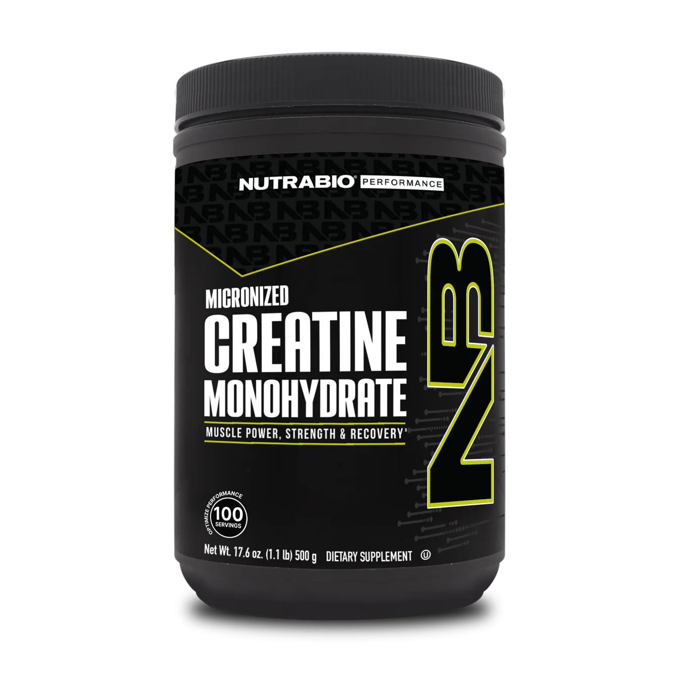 A container of NutraBio Creatine Monohydrate, which is a dietary supplement intended for muscle power and recovery. The container is black with green and yellow text, and it is labeled as micronized creatine monohydrate.