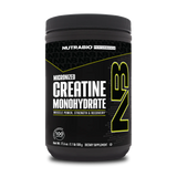 A container of NutraBio Creatine Monohydrate, which is a dietary supplement intended for muscle power and recovery. The container is black with green and yellow text, and it is labeled as micronized creatine monohydrate.