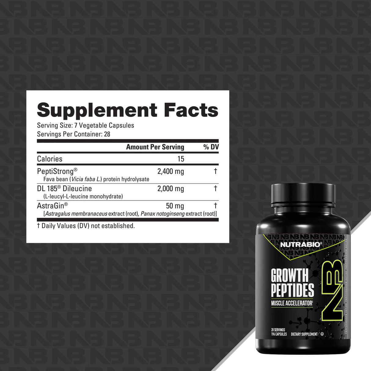 NUTRABIO Growth Peptides supplement bottle with supplement facts label on a branded background