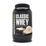 NutraBio Classic Whey protein pwoder supplement container with creamy vanilla flavor.