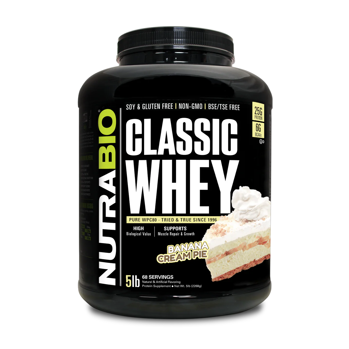 NutraBio Classic Whey protein powder container with banana cream pie flavor on a white background