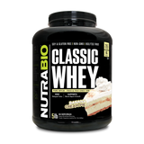 NutraBio Classic Whey protein powder container with banana cream pie flavor on a white background
