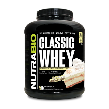 NutraBio Classic Whey protein powder container with banana cream pie flavor on a white background
