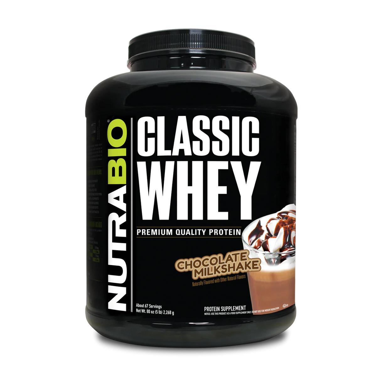 NutraBio Classic Whey protein supplement in a 5 pound container in Chocolate Milkshake