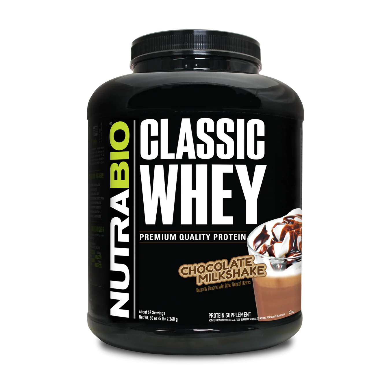 NutraBio Classic Whey protein supplement in a 5 pound container in Chocolate Milkshake