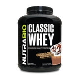 NutraBio Classic Whey protein supplement in a 5 pound container in Chocolate Milkshake