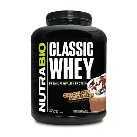 NutraBio Classic Whey protein supplement in a 5 pound container in Chocolate Milkshake