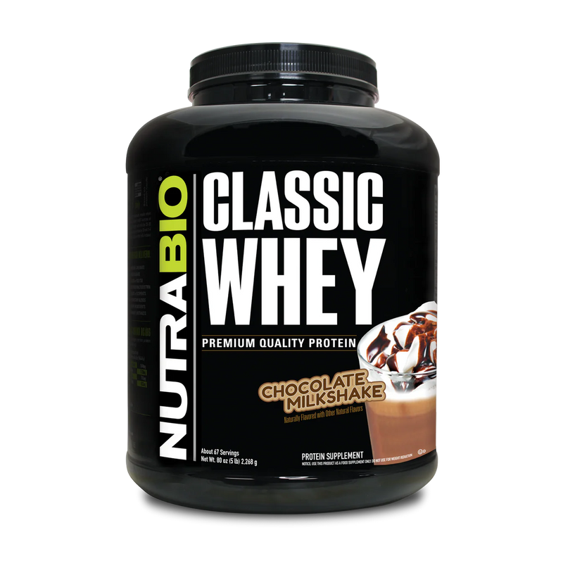 NutraBio Classic Whey protein supplement in a 5 pound container in Chocolate Milkshake