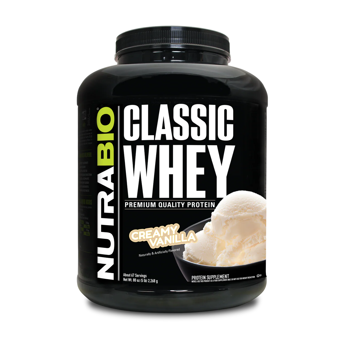 A 5 pound container of NutraBio Classic Whey protein supplement with Creamy Vanilla flavor