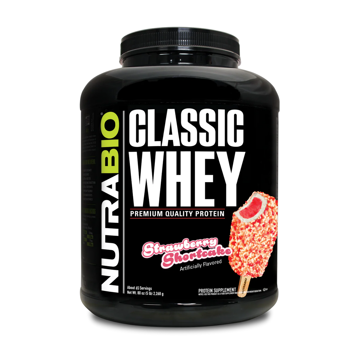 5 pound container of NutraBio Classic Whey protein powder supplement with Strawberry Shortcake flavor