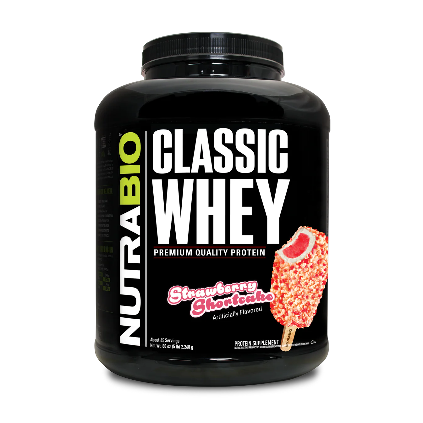 5 pound container of NutraBio Classic Whey protein powder supplement with Strawberry Shortcake flavor