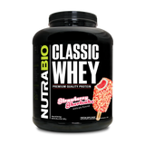 5 pound container of NutraBio Classic Whey protein powder supplement with Strawberry Shortcake flavor