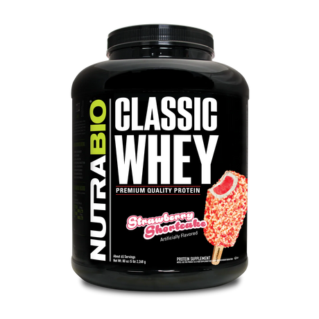 5 pound container of NutraBio Classic Whey protein powder supplement with Strawberry Shortcake flavor