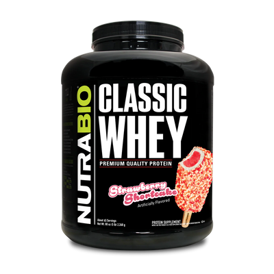 5 pound container of NutraBio Classic Whey protein powder supplement with Strawberry Shortcake flavor