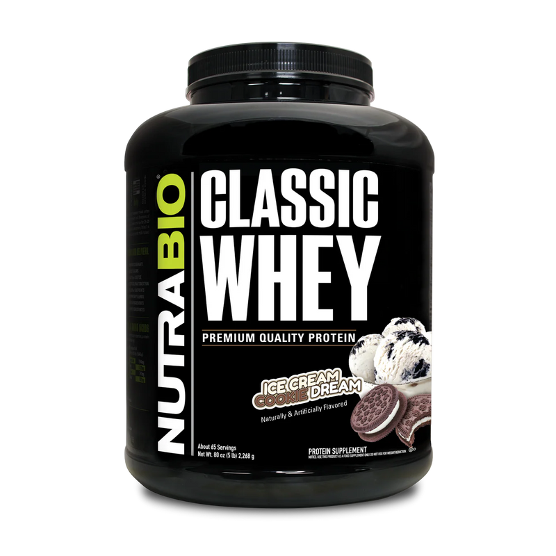 5lb container of NutraBio Classic Whey protein powder supplement  with Ice Cream Cookie Dream 