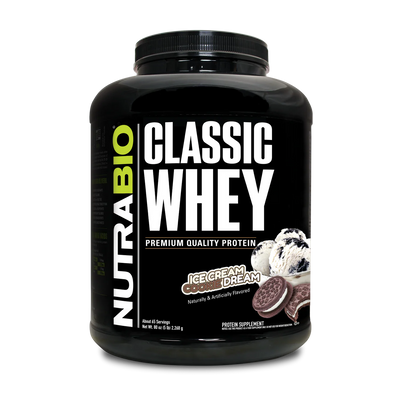 5lb container of NutraBio Classic Whey protein powder supplement  with Ice Cream Cookie Dream 