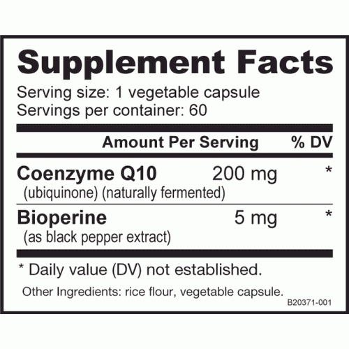 CoQ10 200 mg supplement facts panel – NutraBio, third-party tested