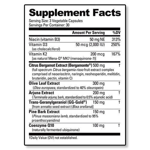 Supplement facts label with various vitamins and extracts on a white background