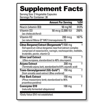 Supplement facts label with various vitamins and extracts on a white background