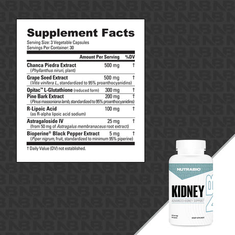 Supplement facts label and NutraBio kidney support supplement bottle on a black background