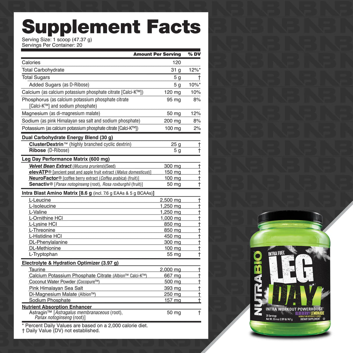 NutraBio Leg Day Intra Workout Blueberry Lemonade Supplement Facts