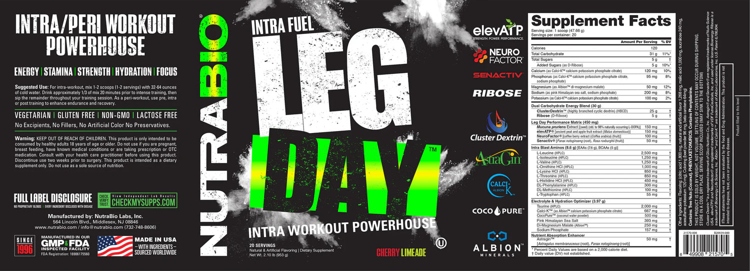 NutraBio Leg Day Intra Workout supplement in Cherry Limeade flavor with Supplements Facts panel