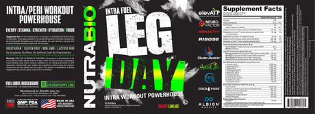 NutraBio Leg Day Intra Workout supplement in Cherry Limeade flavor with Supplements Facts panel