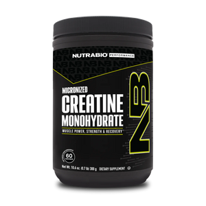 A container of NutraBio Micronized Creatine Monohydrate Unfavored in a 60 serving tub, which is a dietary supplement intended for muscle power and recovery. 