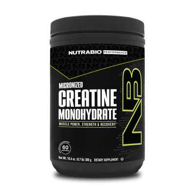 A container of NutraBio Micronized Creatine Monohydrate Unfavored in a 60 serving tub, which is a dietary supplement intended for muscle power and recovery. 