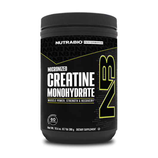 A container of NutraBio Micronized Creatine Monohydrate Unfavored in a 60 serving tub, which is a dietary supplement intended for muscle power and recovery. 
