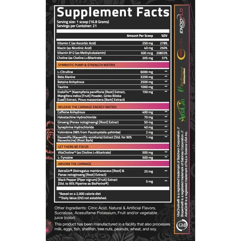 Supplement label with detailed ingredient list on a black background