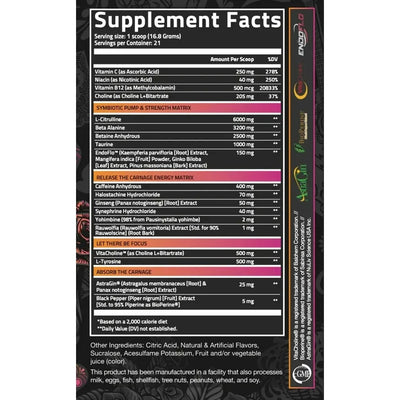 Supplement label with detailed ingredient list on a black background