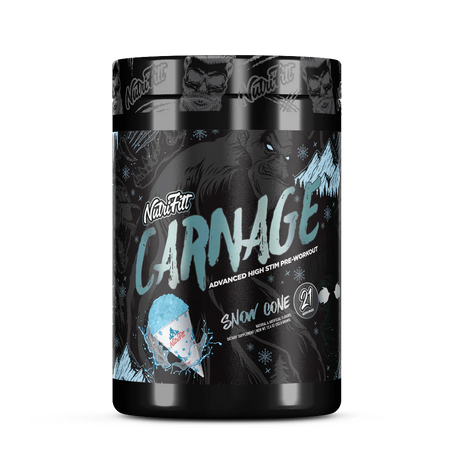 NutriFitt Carnage high -stim pre-workout supplement container with 'Snow Cone' flavor on a white background