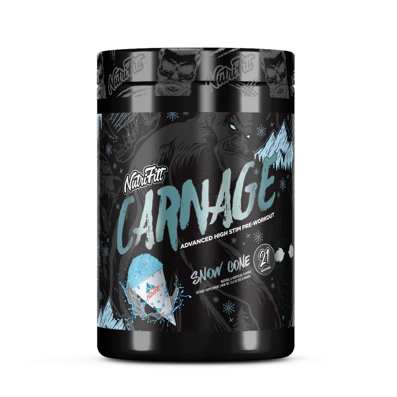 NutriFitt Carnage high -stim pre-workout supplement container with 'Snow Cone' flavor on a white background