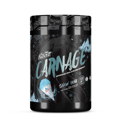 NutriFitt Carnage high -stim pre-workout supplement container with 'Snow Cone' flavor on a white background