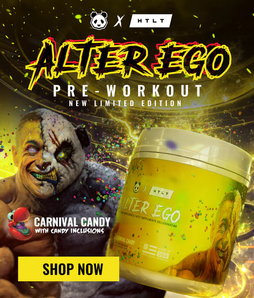 Pre-workout supplement container with 'Alter Ego' branding and promotional text on a dark background.
